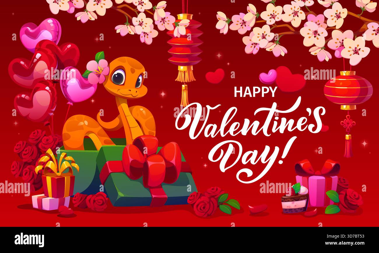 Simpatico personaggio di serpente nella confezione regalo del biglietto di auguri per San Valentino. Volantino per le vacanze di San Valentino, banner vettoriale della festa d'amore con personaggio dei cartoni animati serpenti, regali, rose e lanterne asiatiche su sakura Illustrazione Vettoriale