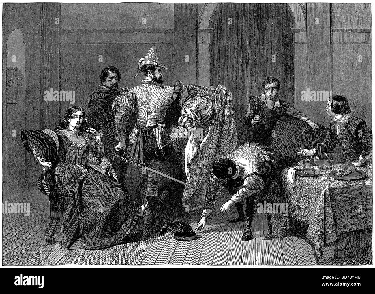 A Wood Engraving of the Taming of the Shrew, di William Shakespeare, una commedia, scritta tra il 1590 e il 1592, dal The Illustrated London News, 1886. Foto Stock