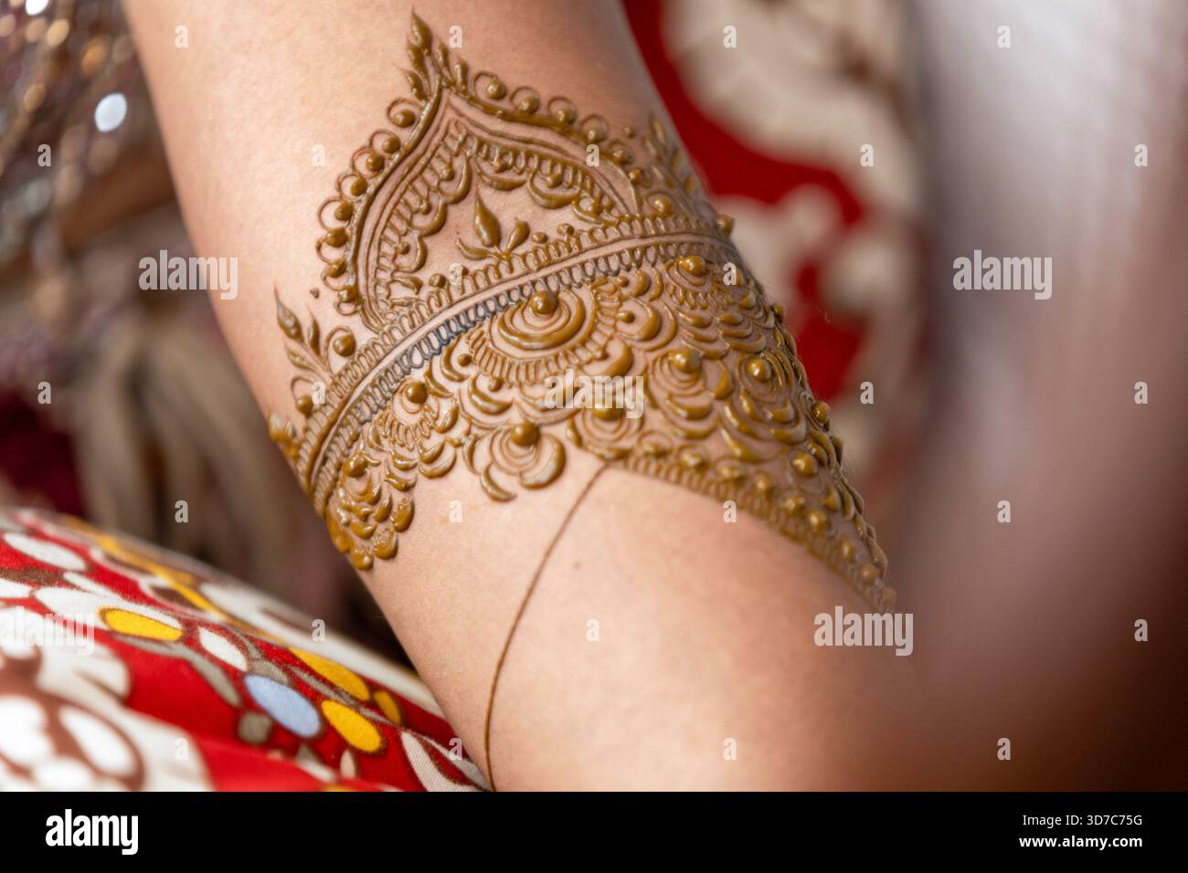 Questo intricato tatuaggio all'henné adorna il braccio, mostrando l'arte delle culture tradizionali indiane e mediorientali Foto Stock