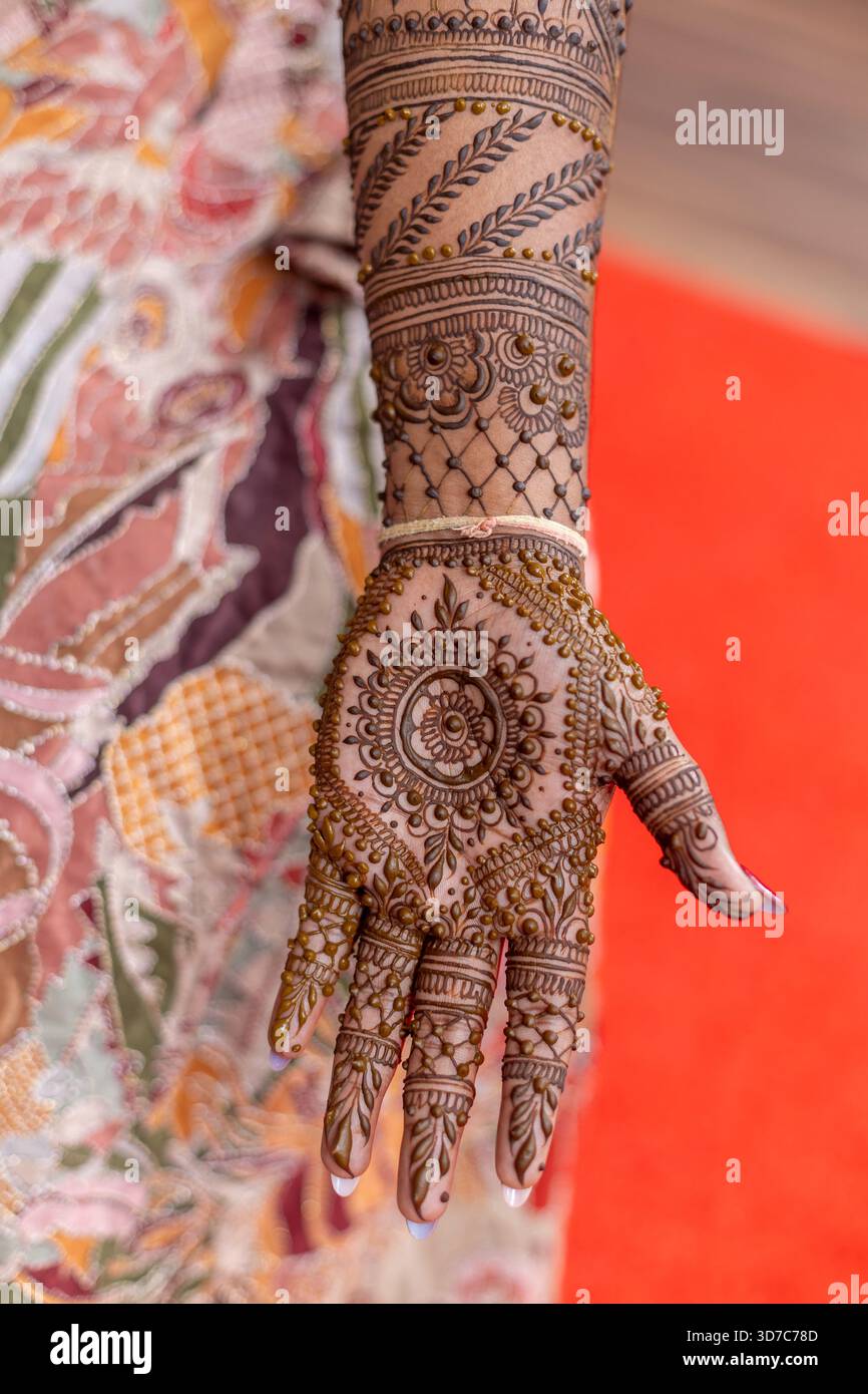 Intricato design all'henné su una mano, che mette in mostra l'arte tradizionale indiana Foto Stock
