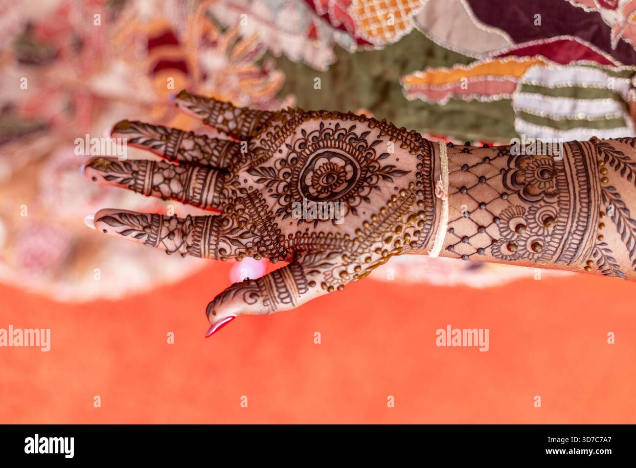 Questa immagine mostra la splendida arte dell'henné, spesso utilizzata per matrimoni e altre occasioni speciali Foto Stock