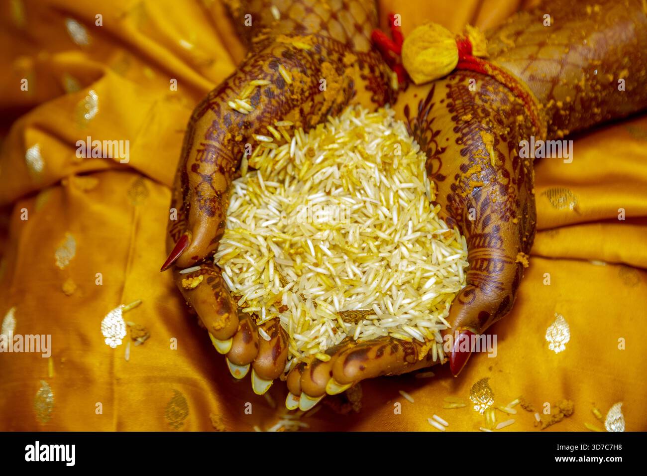 Mani che tengono il riso durante una tradizionale cerimonia di nozze indiana Foto Stock