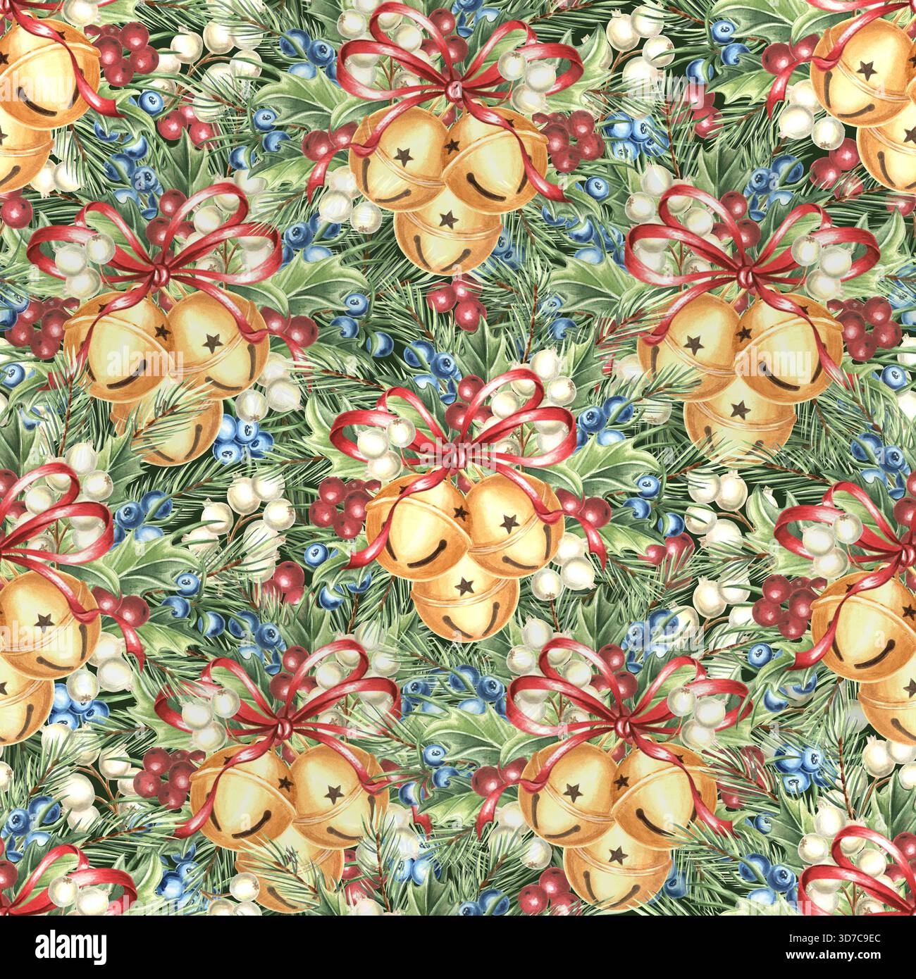 Campane rotonde dorate ad acquerello con fiocchi a nastro e frutti di bosco colorati motivo natalizio senza cuciture illustrazione disegnata a mano per le feste invernali Foto Stock