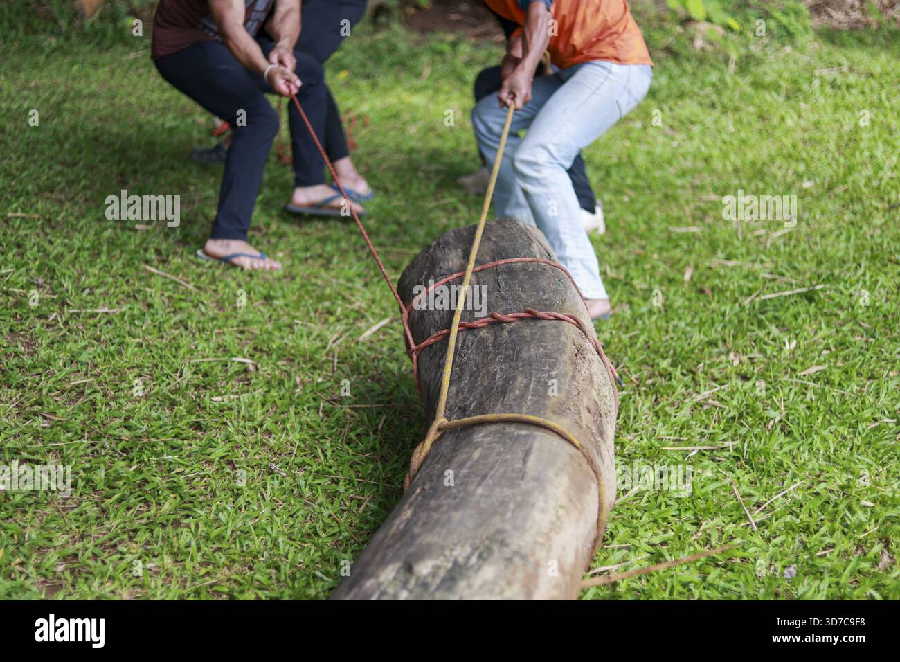 Lavoro di squadra e forza in mostra da ogni donna che tira un grosso tronco con la corda. Il loro sforzo combinato e la loro determinazione mostrano la lotta per superare il grande te Foto Stock