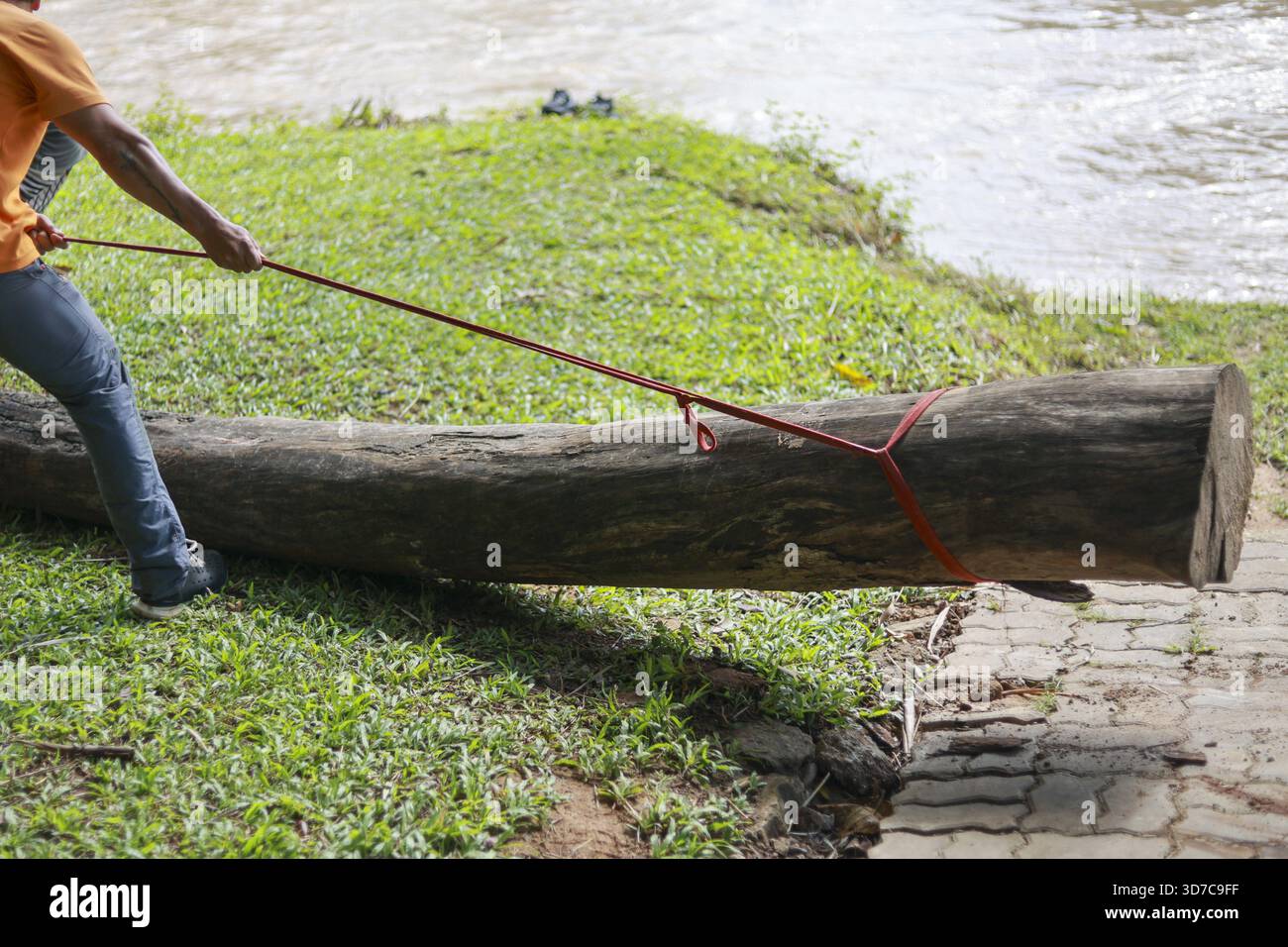 Uomo determinato che fa grandi sforzi, tirando un grosso tronco con la corda sulla riva del fiume. Questo difficile lavoro manuale mostra la forza necessaria per lo spostamento del woo Foto Stock