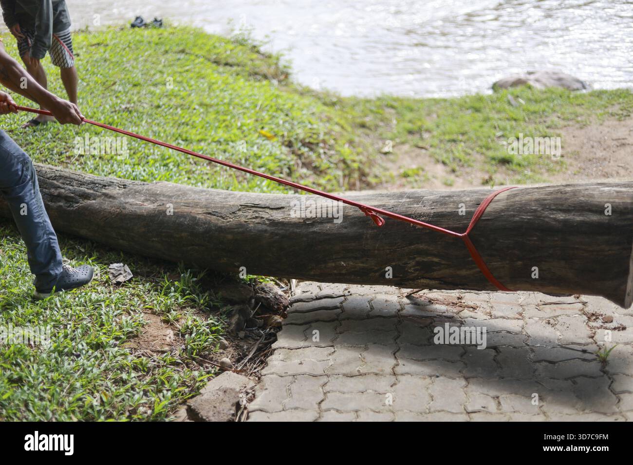 Due uomini che mostrano impegno e forza con il lavoro di squadra, tirando un grosso tronco con la corda. Lavoro manuale per lo spostamento di grandi tronchi di legno all'aperto in natura accanto a r Foto Stock