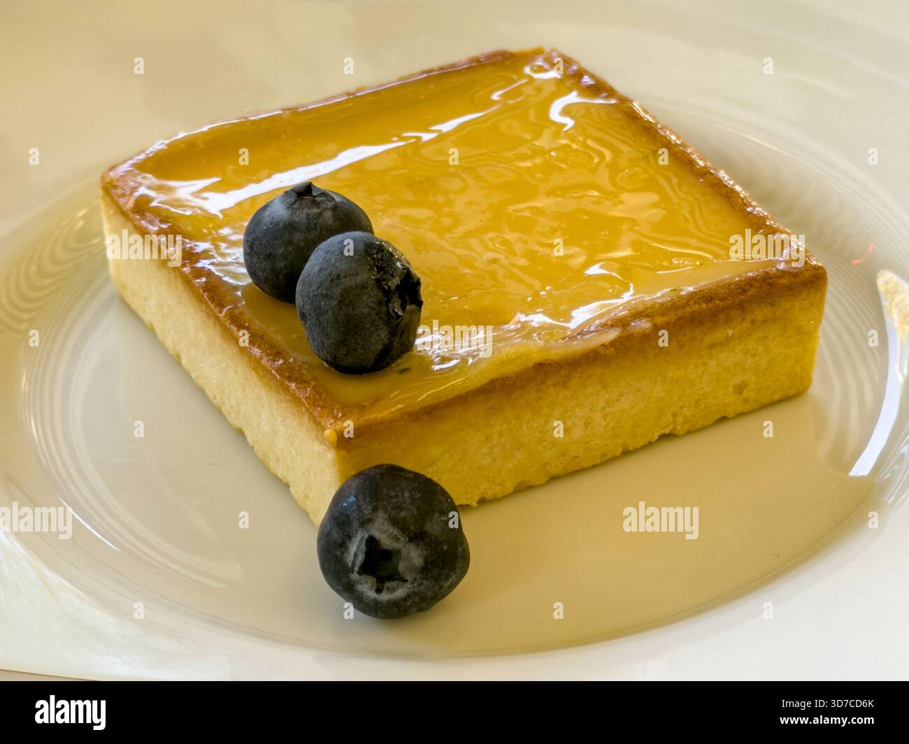 Crostata quadrata al limone con mirtilli sotto la luce del giorno Foto Stock