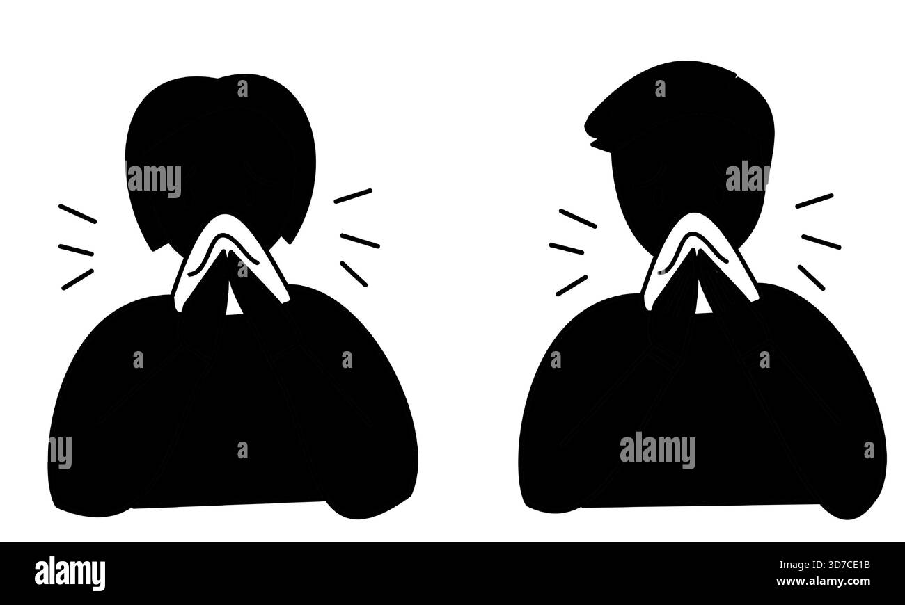 uomo e donna con freddo silhouette nera sintomi di starnuti con tosse di kerchief Illustrazione Vettoriale