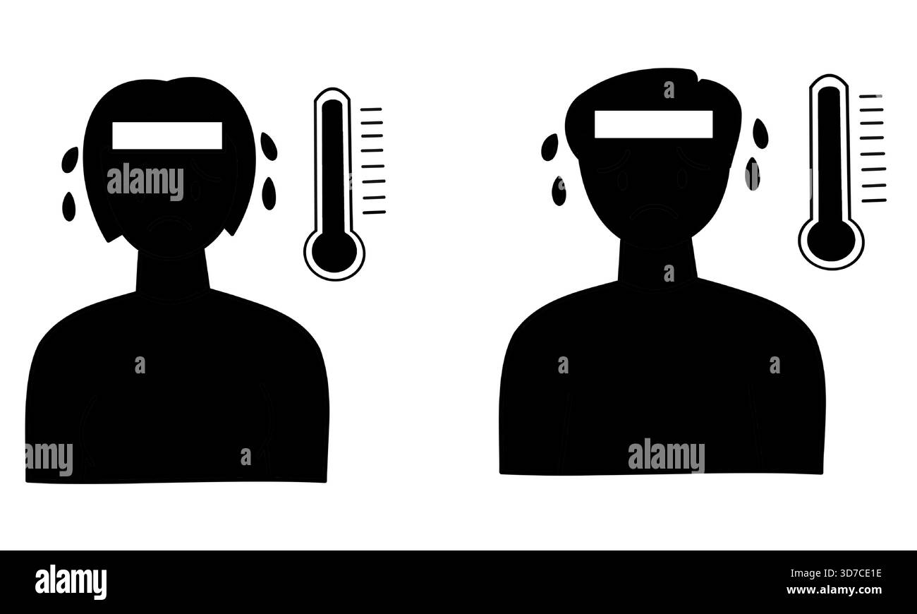 uomo e donna affetti da febbre silhouette nera temperatura lettura termometro e panno bagnato sulla fronte Illustrazione Vettoriale