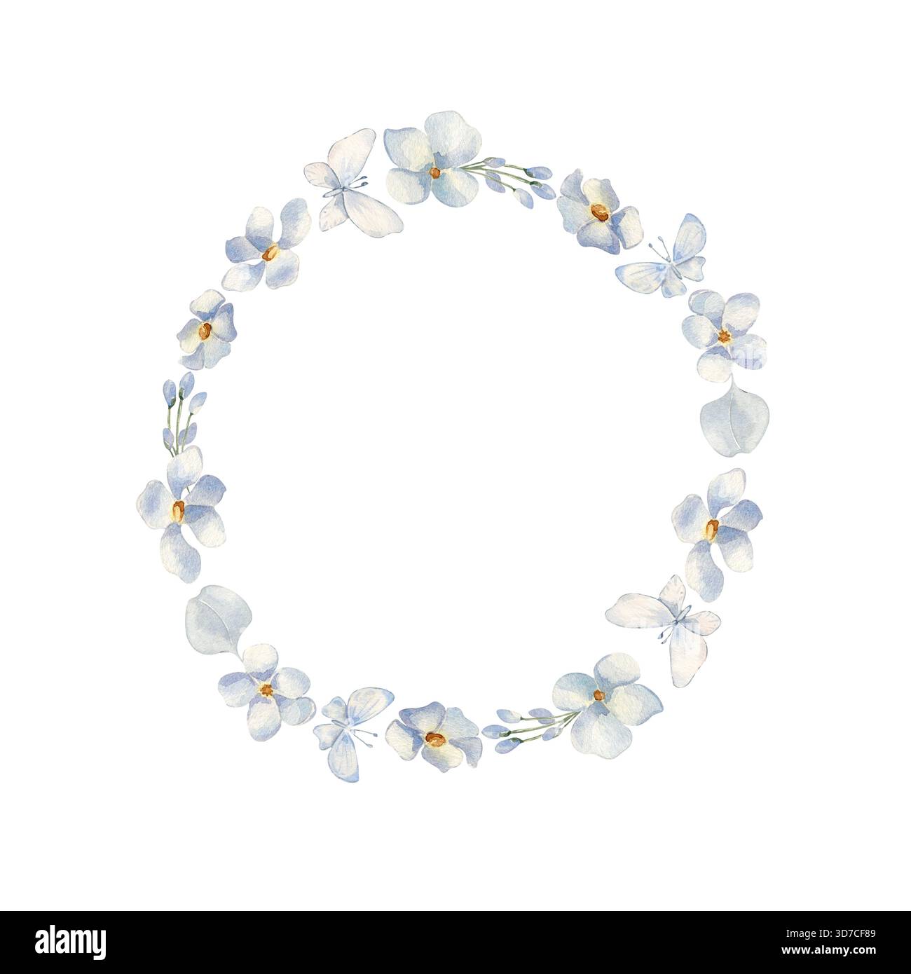 Delicato colore blu chiaro con isolamento ad acquerello floreale. Cornice rotonda di fiori, gemme e foglie blu dipinti a mano. Biglietti d'auguri per la doccia del bambino con minuscoli Foto Stock