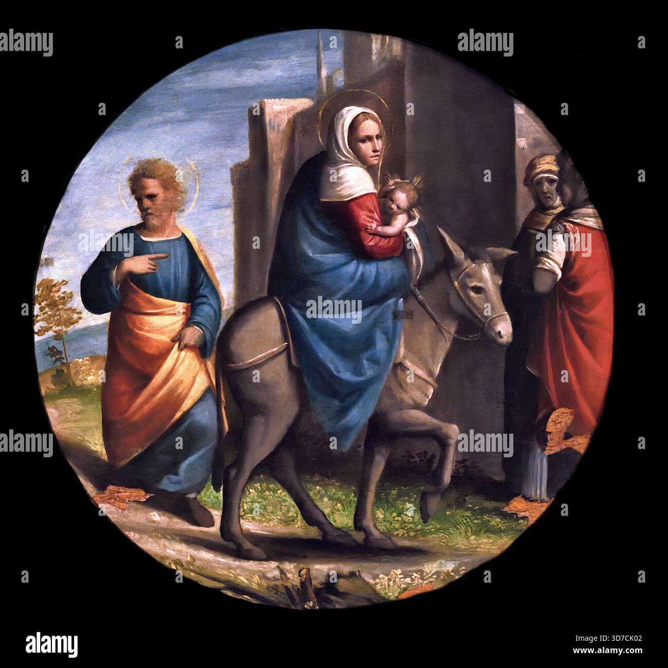 Fuga in Egitto - Fuga in Egitto 1525 da Ortolano ( Giovanni Battista Benvenuti ) nascita ca. 1480. Pittore italiano della scuola ferrarese del Rinascimento italiano in Italia Foto Stock