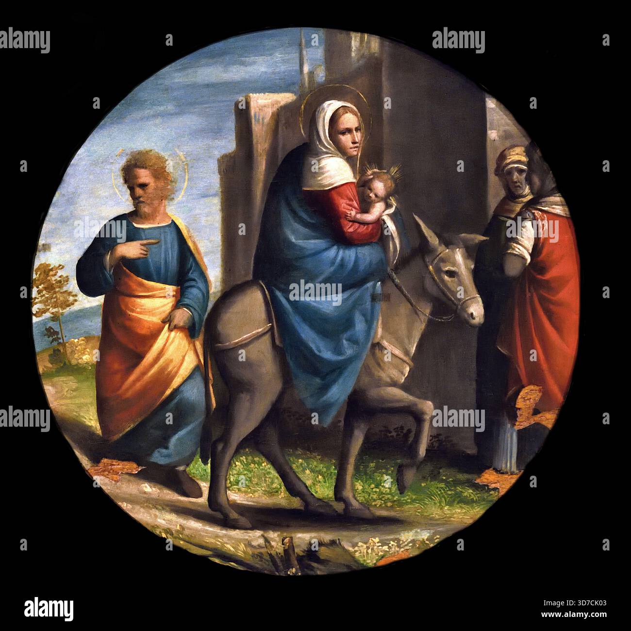 Fuga in Egitto - Fuga in Egitto 1525 da Ortolano ( Giovanni Battista Benvenuti ) nascita ca. 1480. Pittore italiano della scuola ferrarese del Rinascimento italiano in Italia Foto Stock