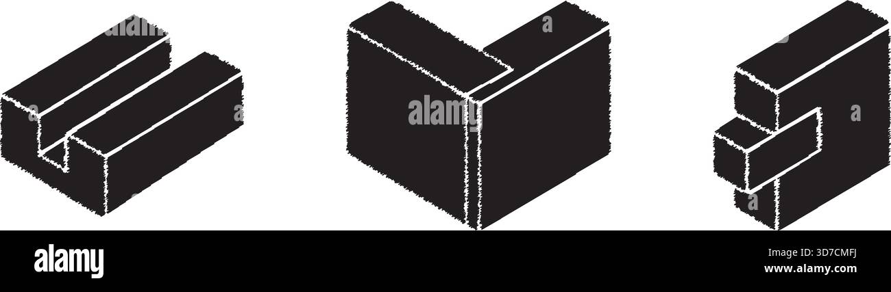 Tre semplici blocchi rettangolari neri mostrati come pile singole, doppie e triple su sfondo bianco, sottolineando forme geometriche pulite. Illustrazione Vettoriale