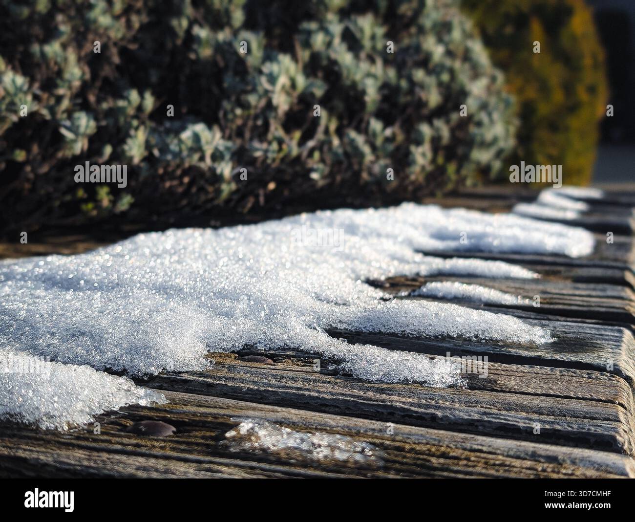 primo piano sulla panchina di legno, la prima neve fresca e i cristalli di ghiaccio Foto Stock