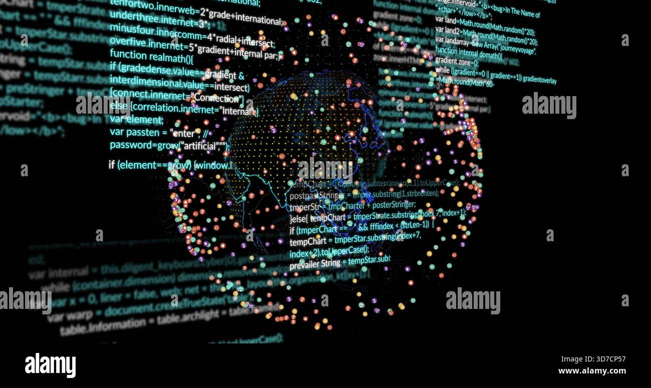Globo rotante 3D stilizzato che si illumina sullo schermo scuro, visualizzando codice, punti dati colorati, wireframe Foto Stock