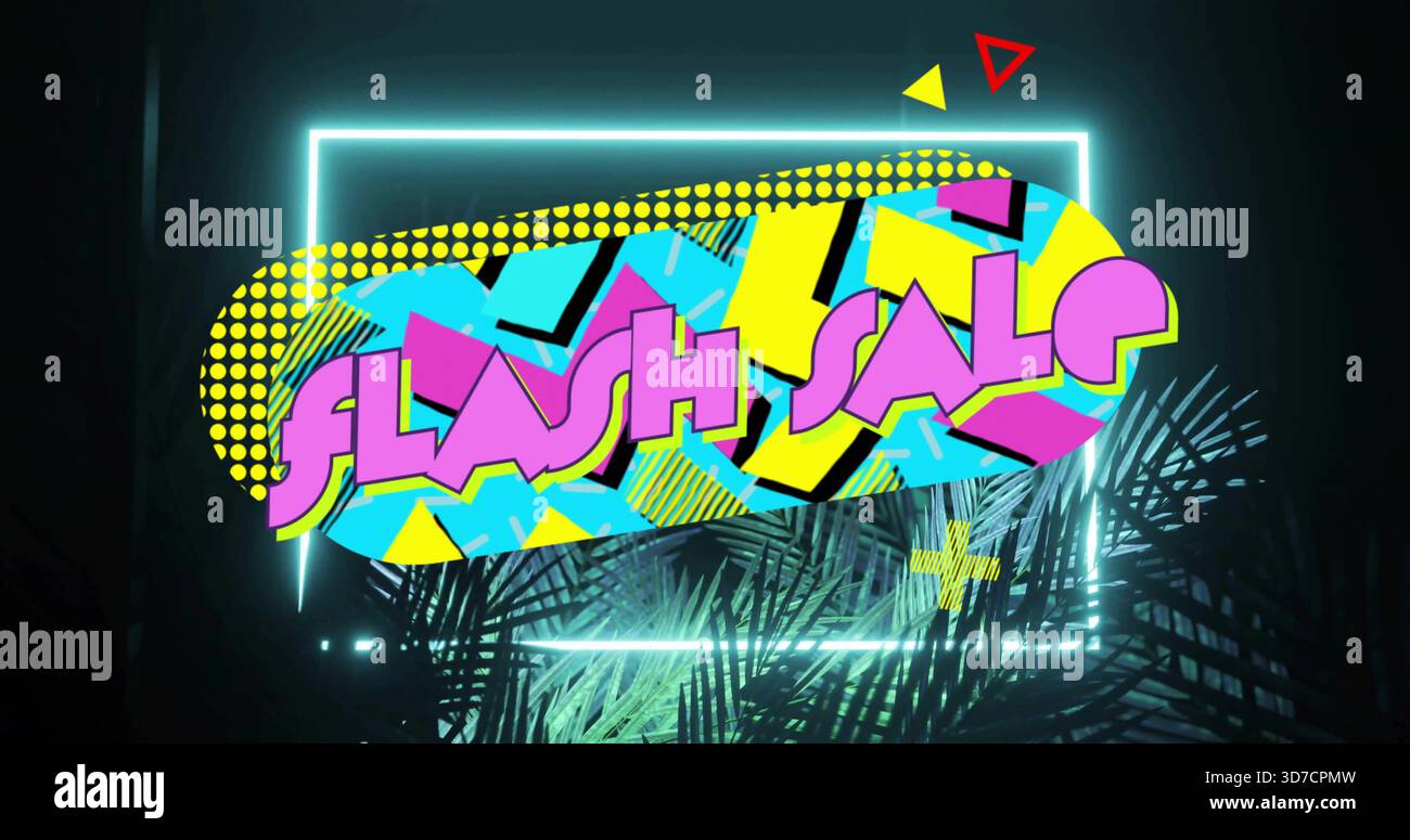 Mostra cartellonistica IN VENDITA CON FLASH al neon rétro illuminata in uno studio scuro, con cornice ciano e frontali palmari Foto Stock