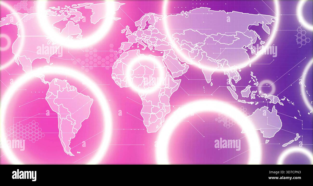 Visualizzazione della mappa globale del contorno bianco centrata su una sfumatura rosa-viola, con anelli luminosi e nodi Foto Stock