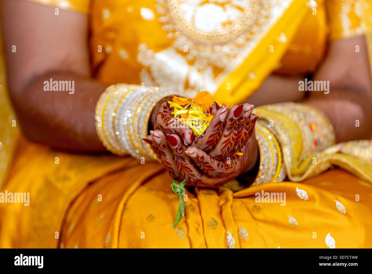 Le mani della sposa indiana che tengono i fiori durante una cerimonia di nozze tradizionale Foto Stock