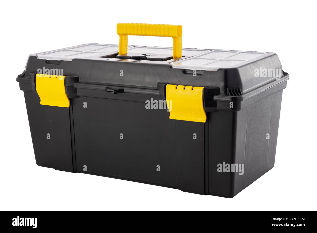 Cassetta degli attrezzi per impieghi gravosi con chiusure gialle e maniglia per lo stoccaggio e l'organizzazione Foto Stock