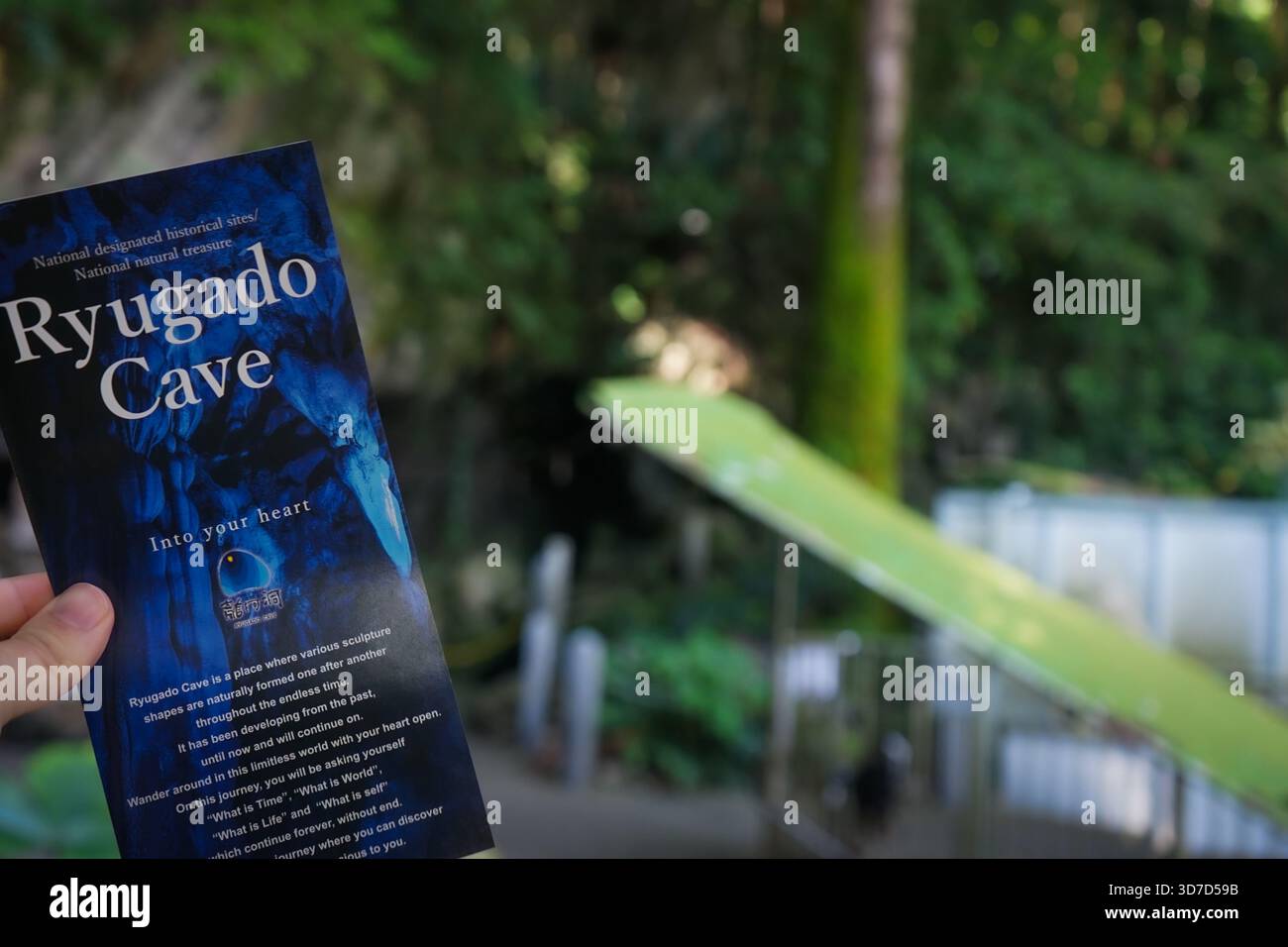 La mano regge un opuscolo per la grotta di Ryugado con l'ingresso della grotta sullo sfondo a Kami, Kochi, Giappone Foto Stock