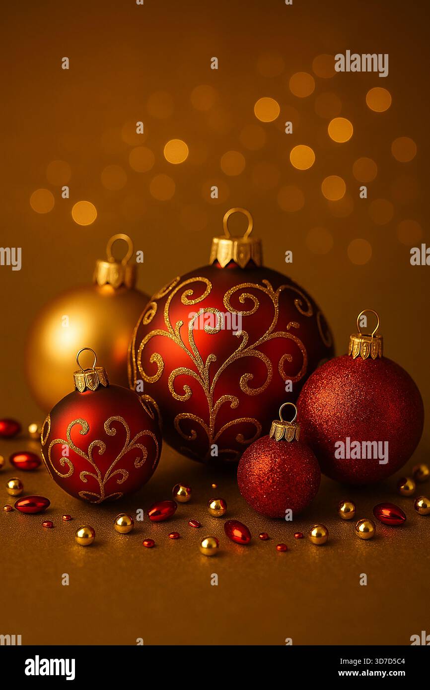 Baule natalizie rosse e dorate con un caldo sfondo bokeh Foto Stock