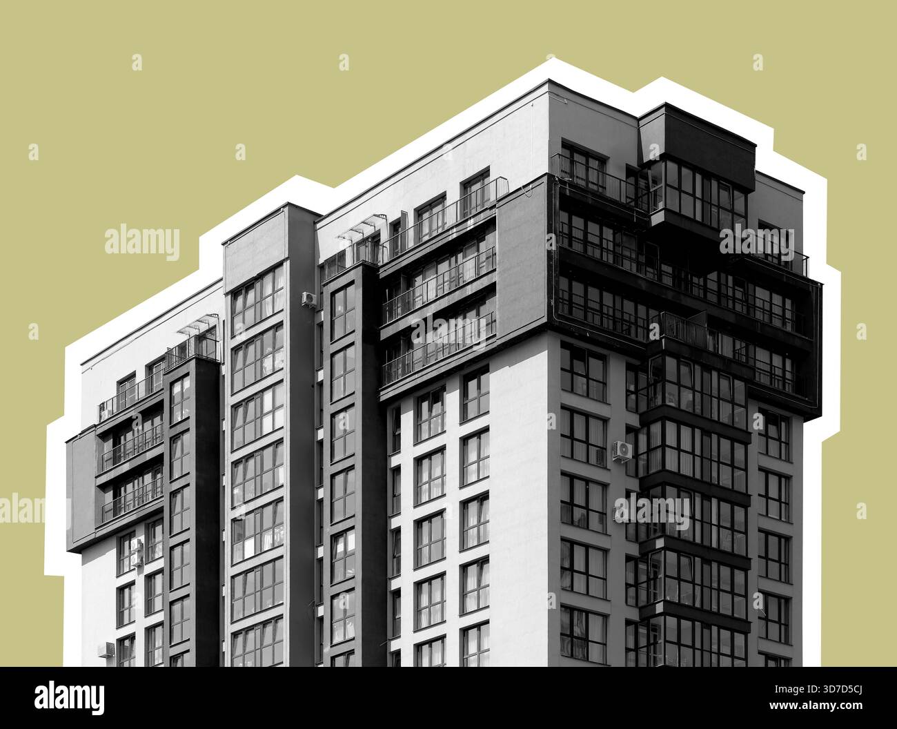 Foto in bianco e nero di un moderno edificio di appartamenti a più piani con balconi in vetro e facciata angolare. Architettura residenziale contemporanea con Foto Stock