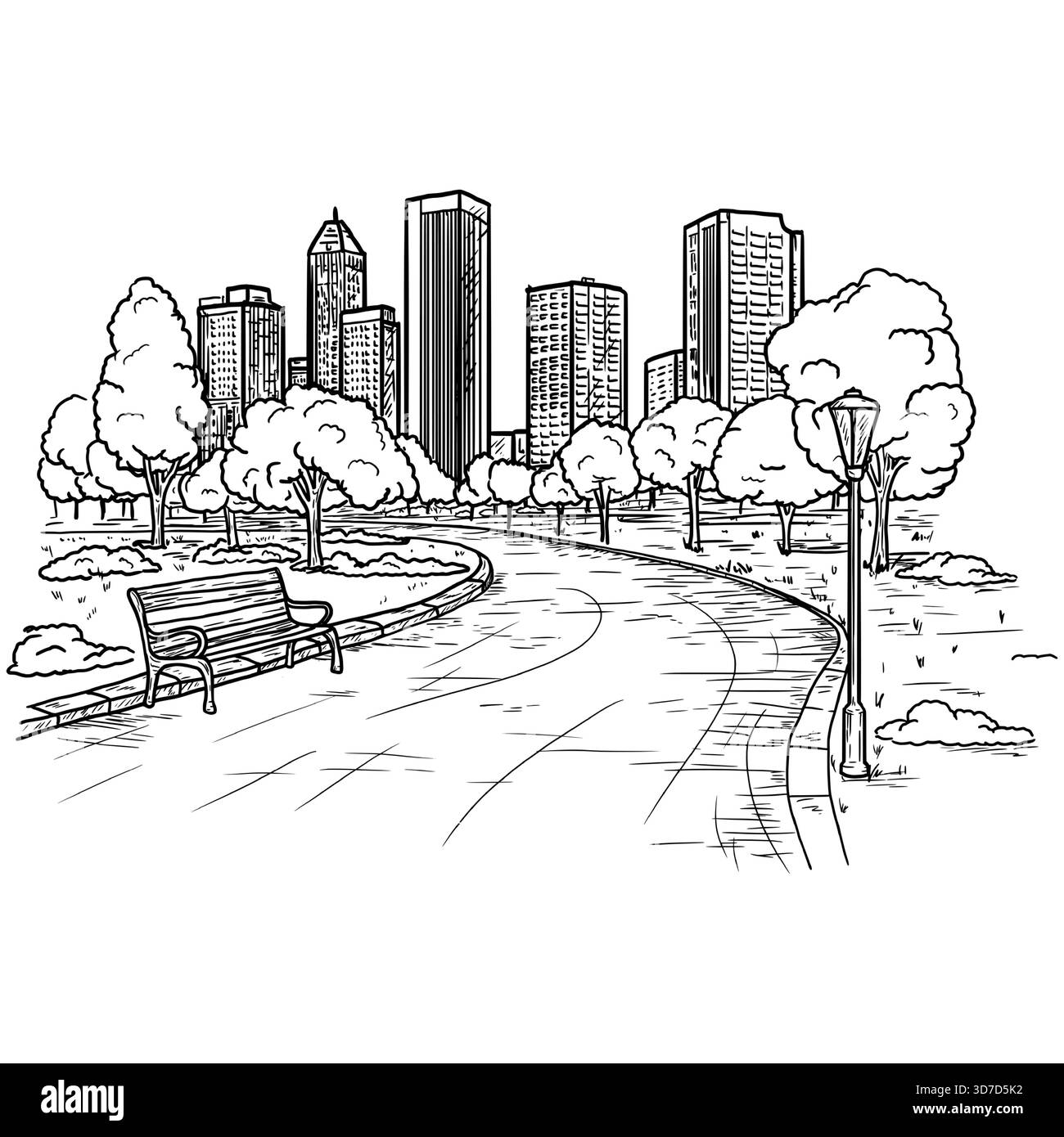 Sagoma di una città megalopoli all'orizzonte e su strada, alberi ed erba. Illustrazione vettoriale. Un parco cittadino con lanterne e panchine, prato e aiuole, Illustrazione Vettoriale