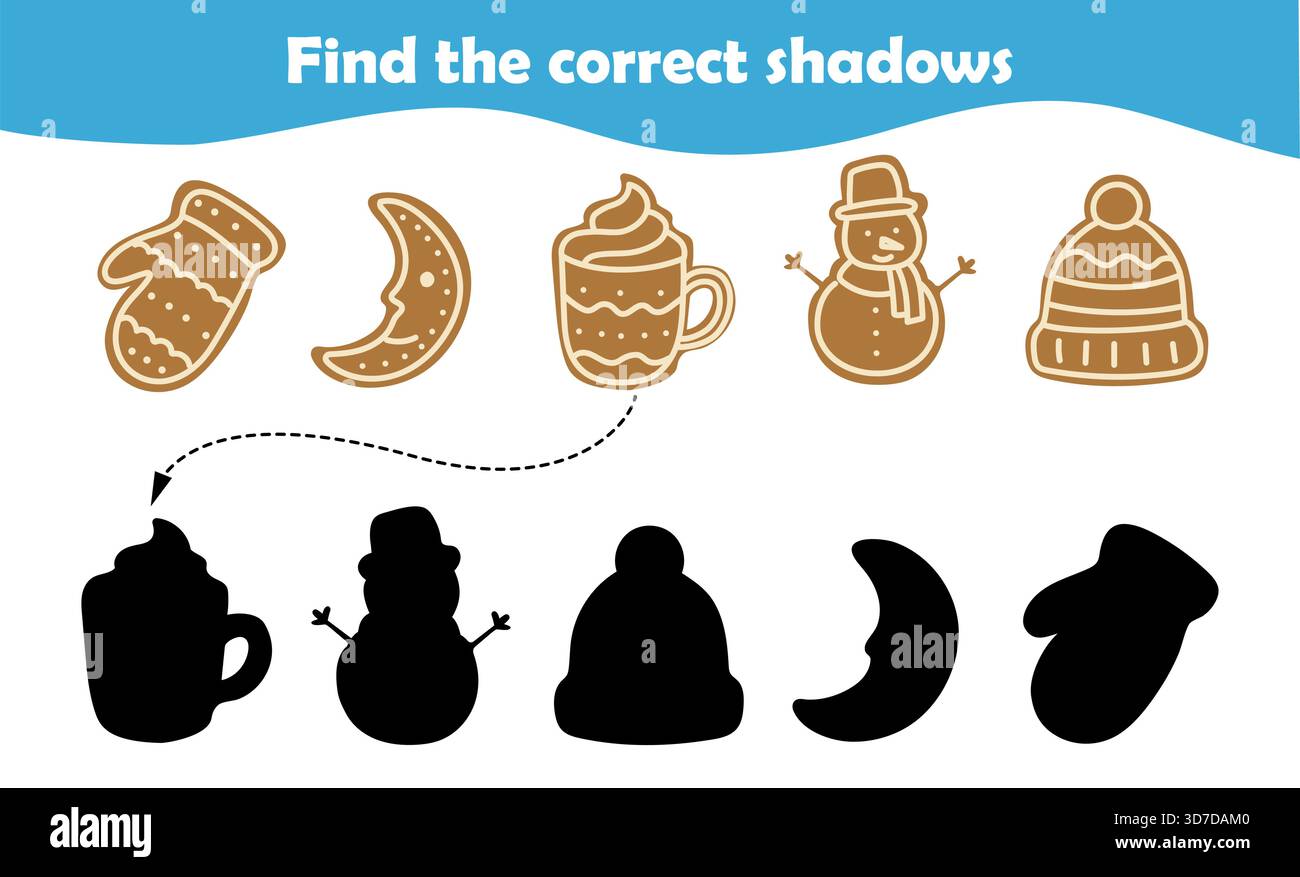 I bambini si impegnano in un'attività ludica per abbinare le forme e le ombre delle festività natalizie, con articoli invernali come guanti, pupazzi di neve e bevande accoglienti. Questo Illustrazione Vettoriale
