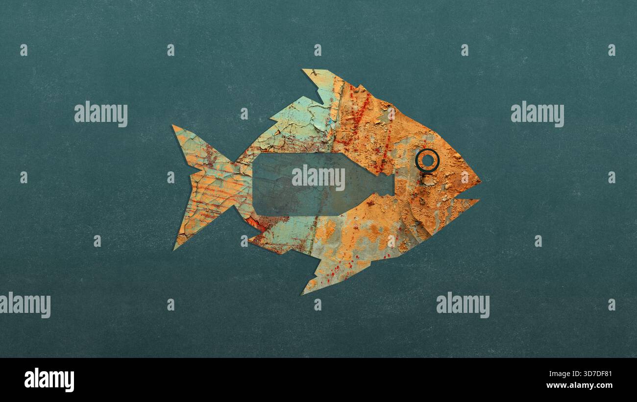 Collage fatto a mano. Pesce con apertura in plastica che mostra emozioni ansiose Foto Stock