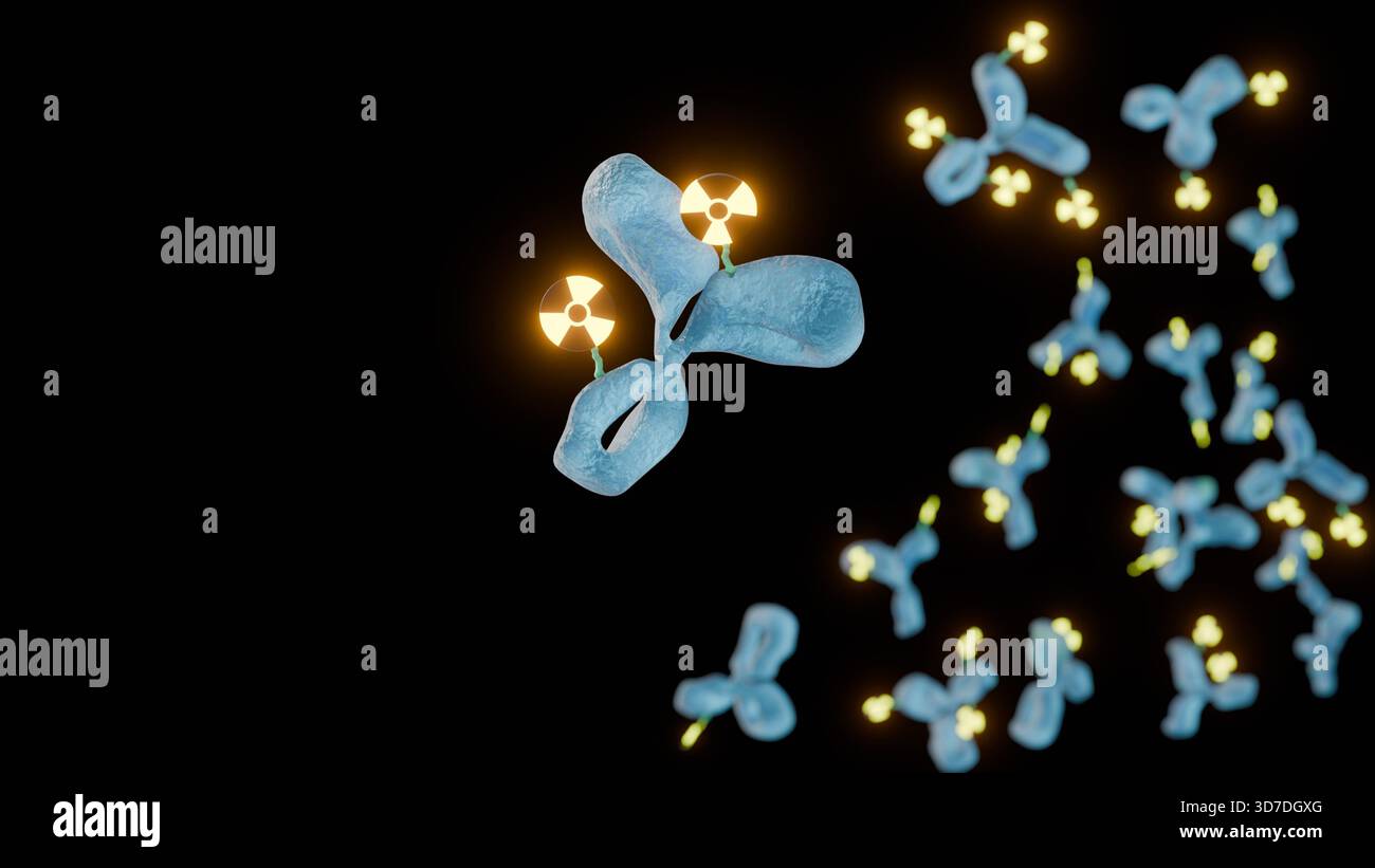 Rendering 3D di un Radioimmunoconiugato. Presenta un anticorpo monoclonale mirato collegato, tramite un chelatore, a un radionuclide o a un isotopo radioattivo Foto Stock