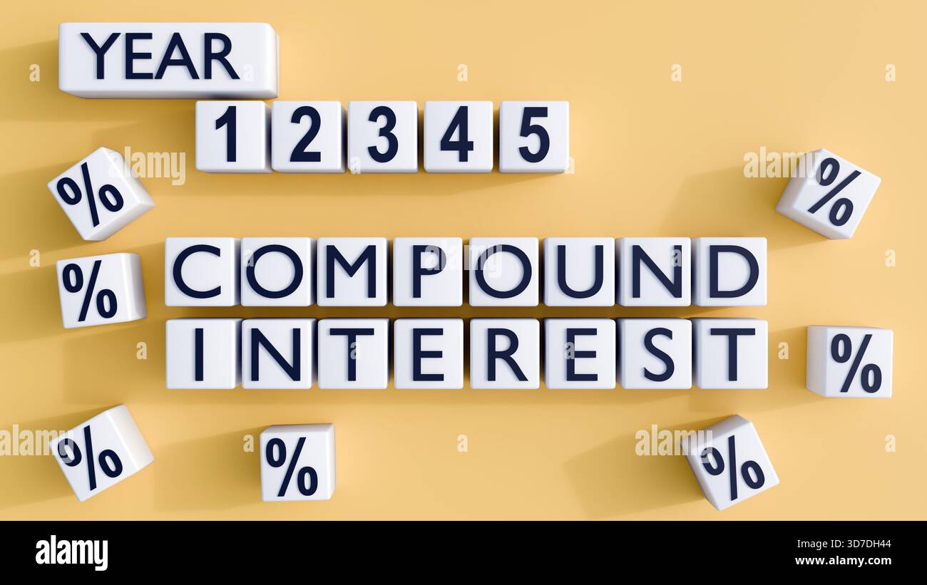 Un rendering 3D delle tessere in stile Scrabble che scrivono "INTERESSE COMPOSTO". Le sezioni percentuale sono sparse intorno ai bordi. Foto Stock