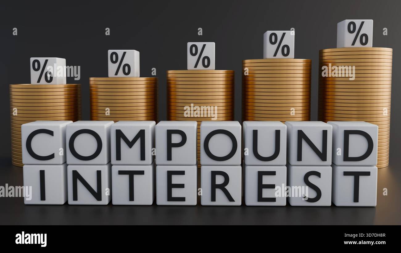 Un rendering 3D delle tessere in stile Scrabble che scrivono "INTERESSE COMPOSTO". Le sezioni percentuale sono sparse intorno ai bordi. Foto Stock