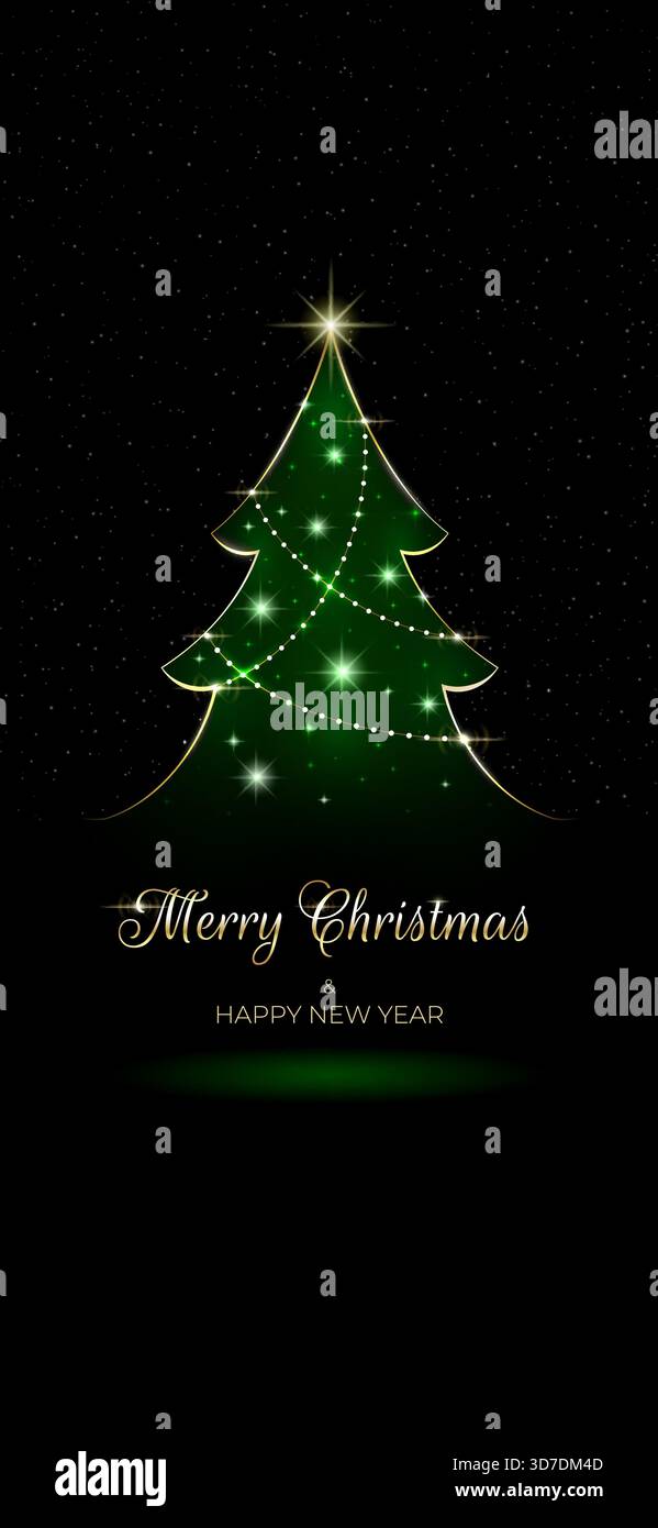 buon natale e felice anno nuovo carta da parati, biglietto di auguri. Albero di Natale, luci, decorazione dorata. Design per invito, sfondo. Oro brillante. Illustrazione Vettoriale
