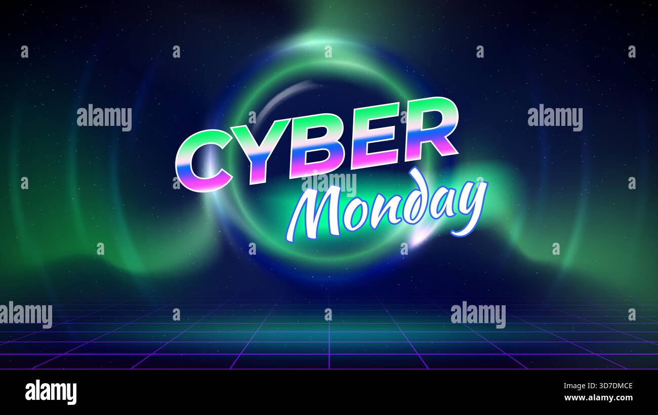 Cyber monday offre banner, colore neon. Poster di vendita, promozione. Palcoscenico, griglia laser, cornice di luce circolare, struttura a reticolo, sfondo blu scuro. Cyber monday Illustrazione Vettoriale