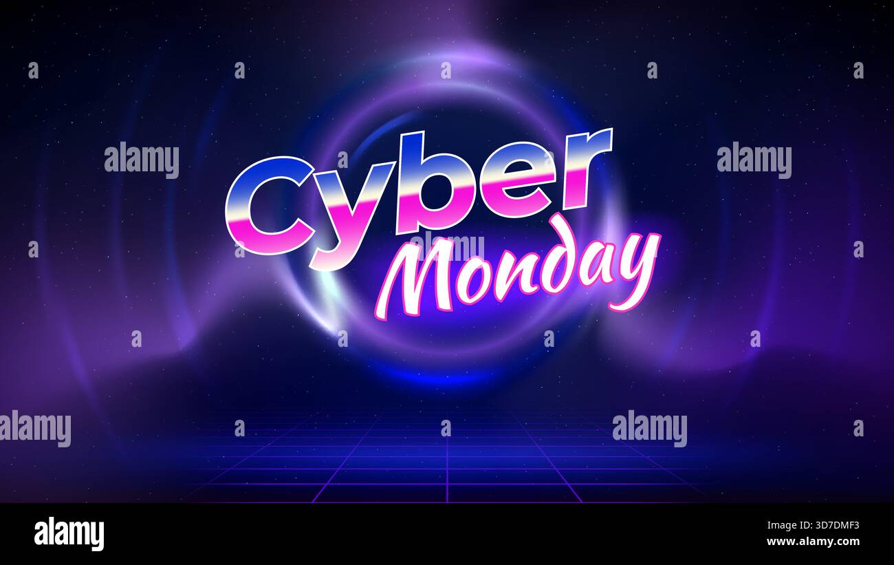 Cyber monday offre banner, colore neon. Poster di vendita, promozione. Palcoscenico, griglia laser, cornice di luce circolare, struttura a reticolo, sfondo blu scuro. Cyber monday Illustrazione Vettoriale
