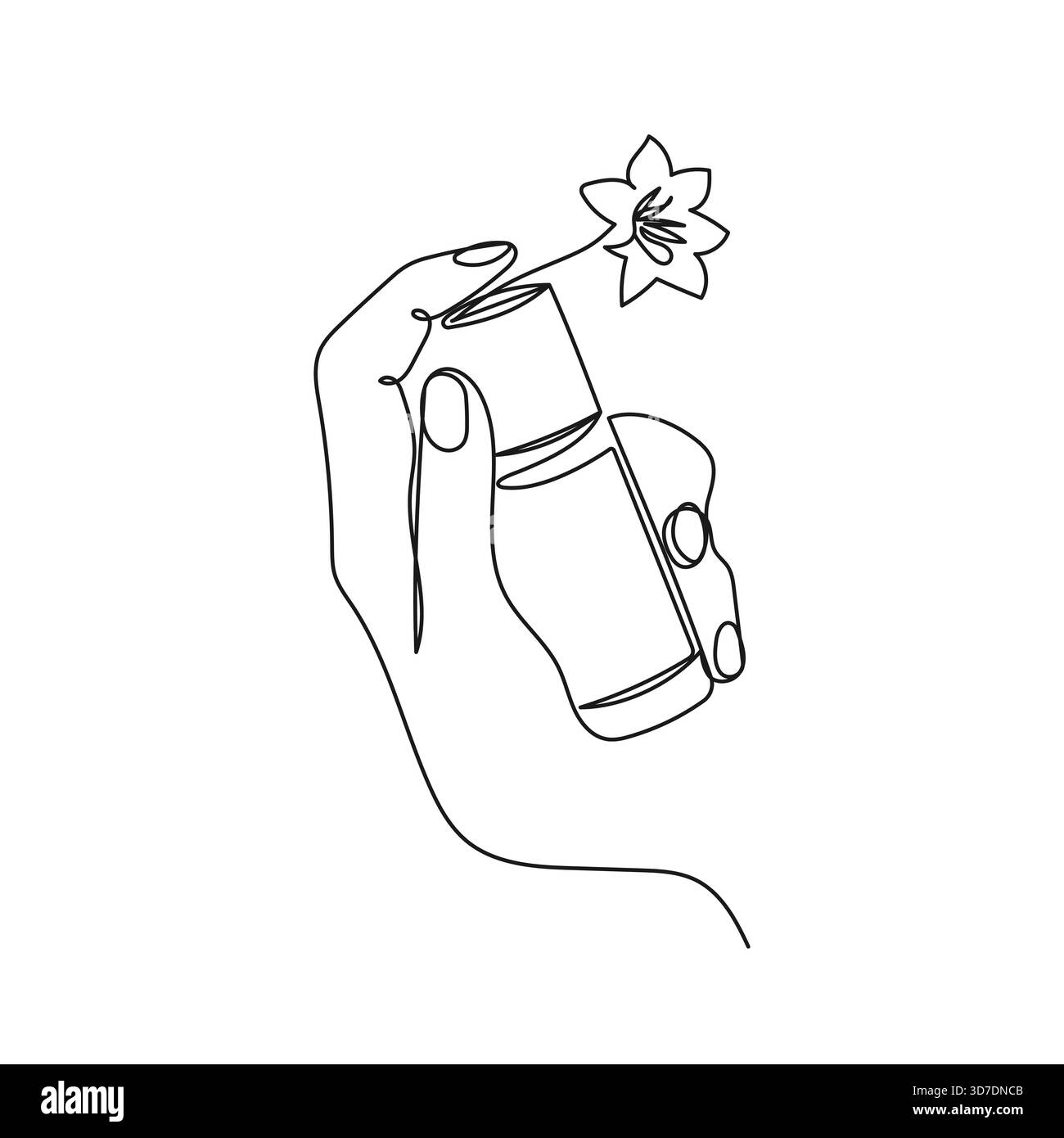 Mano che regge una bottiglia di profumo floreale con un fiore in fiore. Vettore minimalista a una linea. Perfetto per bellezza, fragranze, prodotti per la cura della pelle, cosmetici naturali, l Illustrazione Vettoriale