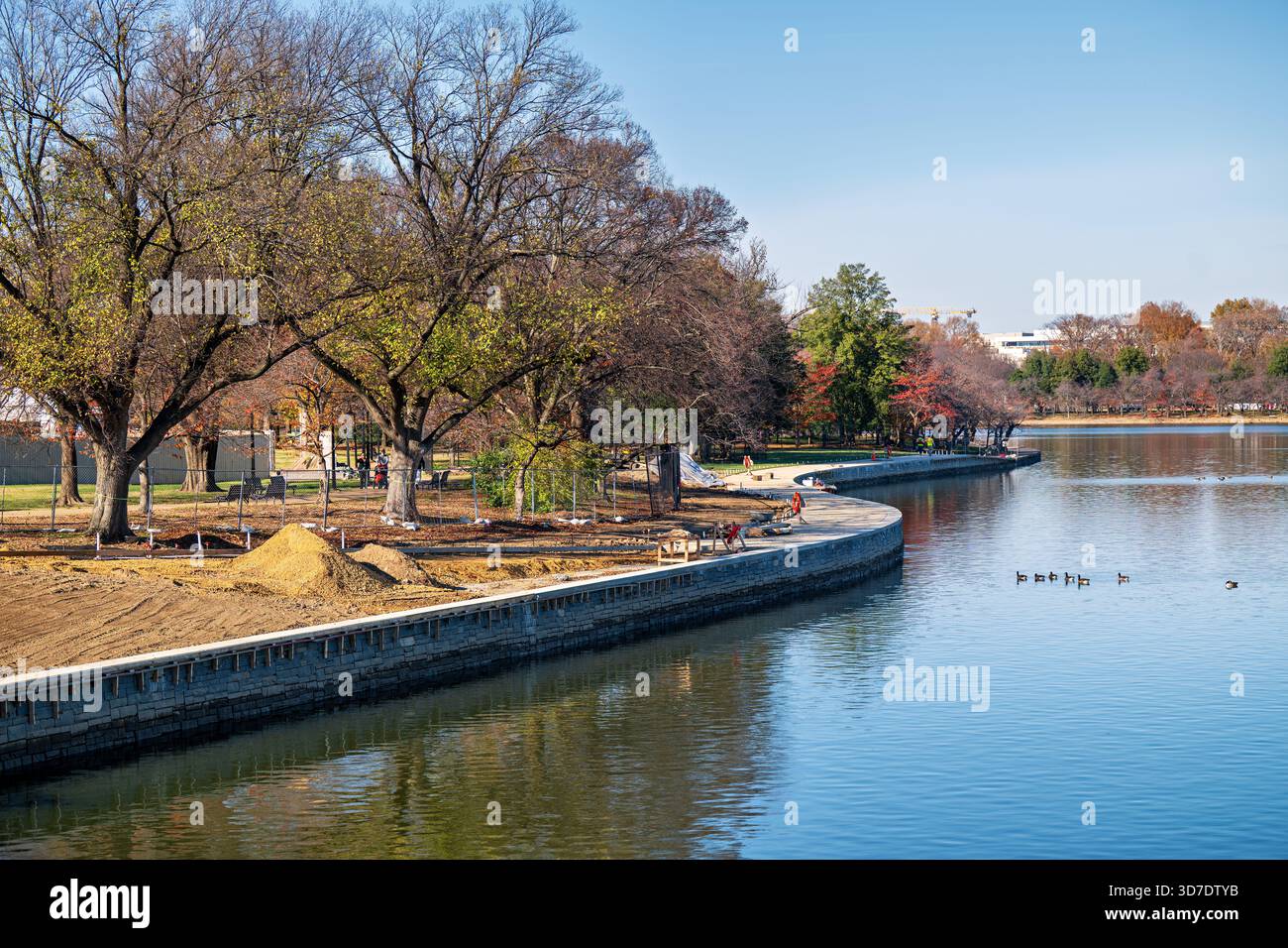 WASHINGTON DC - il Tidal Basin Seawall Construction Project è in corso nell'angolo meridionale del bacino Tidal, come visto il 24 novembre 2025. Questo vasto progetto riguarda il deterioramento delle banchine, che hanno affondato e causato frequenti inondazioni, minacciando gli iconici alberi di ciliegio e i monumenti circostanti. La prospettiva è dall'Inlet Bridge, guardando verso il Franklin Delano Roosevelt Memorial e il Martin Luther King Jr. Memorial. I lavori mirano a sollevare e ricostruire le banchine per proteggere questa zona storica. Foto Stock