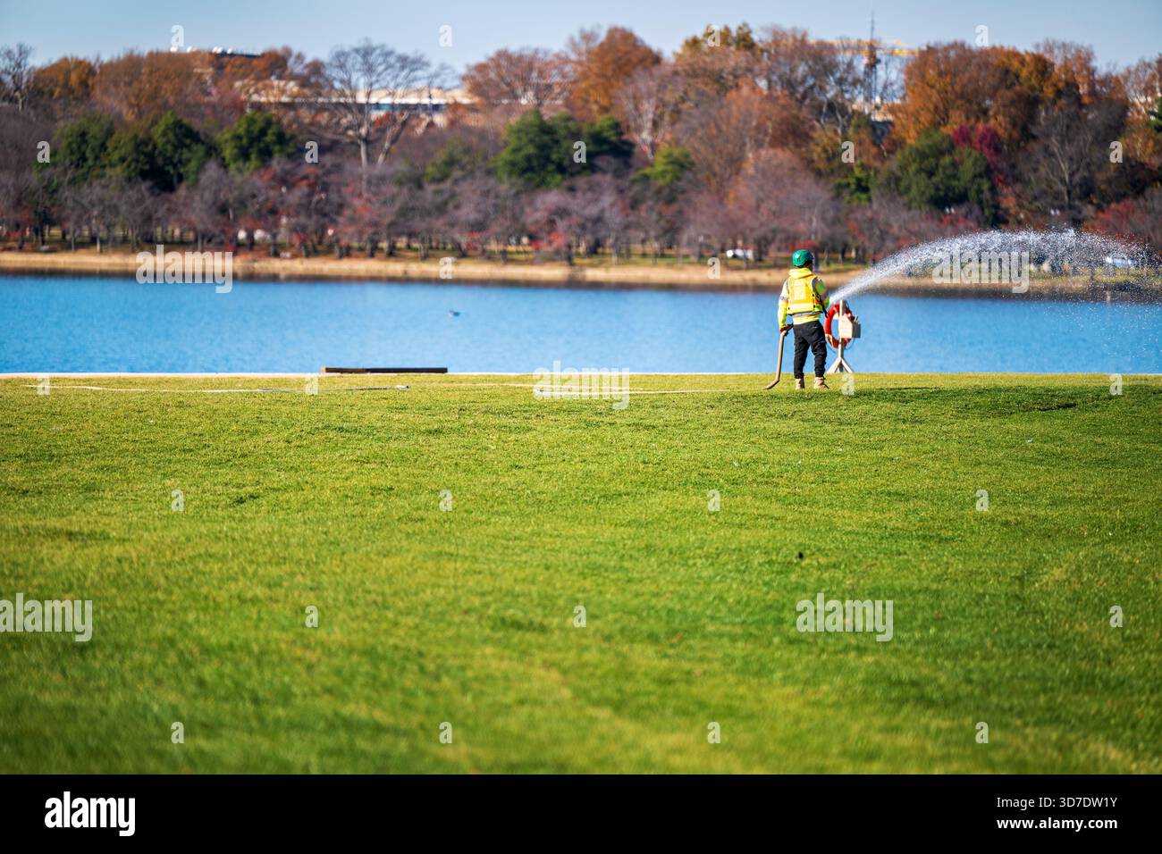 WASHINGTON DC - Un operaio irriga l'erba per il progetto Tidal Basin Seawall Construction Project nell'angolo meridionale del bacino Tidal il 24 novembre 2025. Questa iniziativa pluriennale del National Park Service ricostruisce e risolleva i diavoli per combattere il naufragio e l'innalzamento del livello del mare. Evita ogni giorno l'inondazione di sentieri intorno all'iconico bacino delle maree, conservando il National Mall e monumenti storici come il Jefferson Memorial. Il bacino delle Tidal è un bacino artificiale situato nel West Potomac Park. Foto Stock