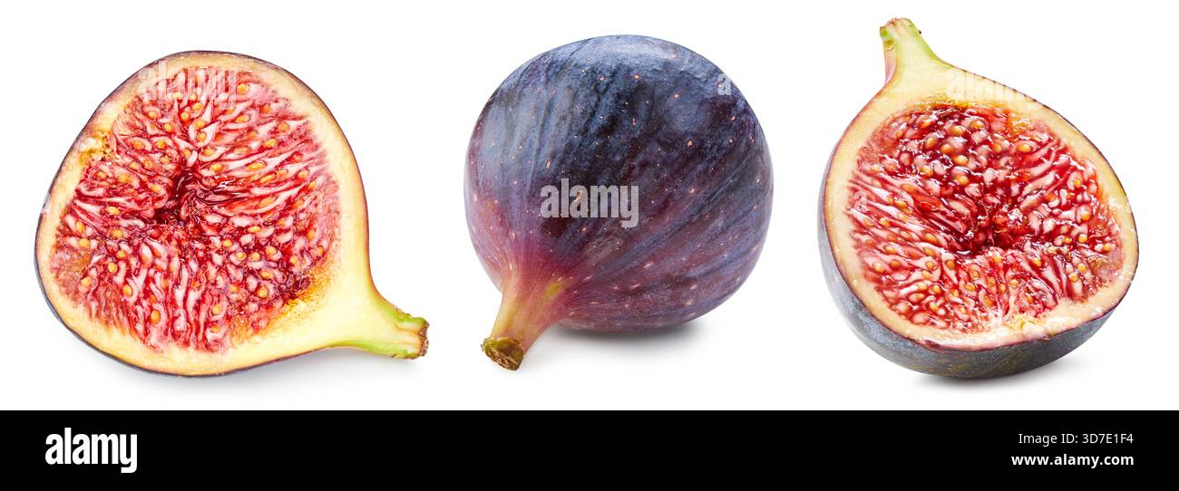 Fichi isolati su bianco. Ripe Fresh fig Half Clipping Path. Raccolta di fichi Foto Stock