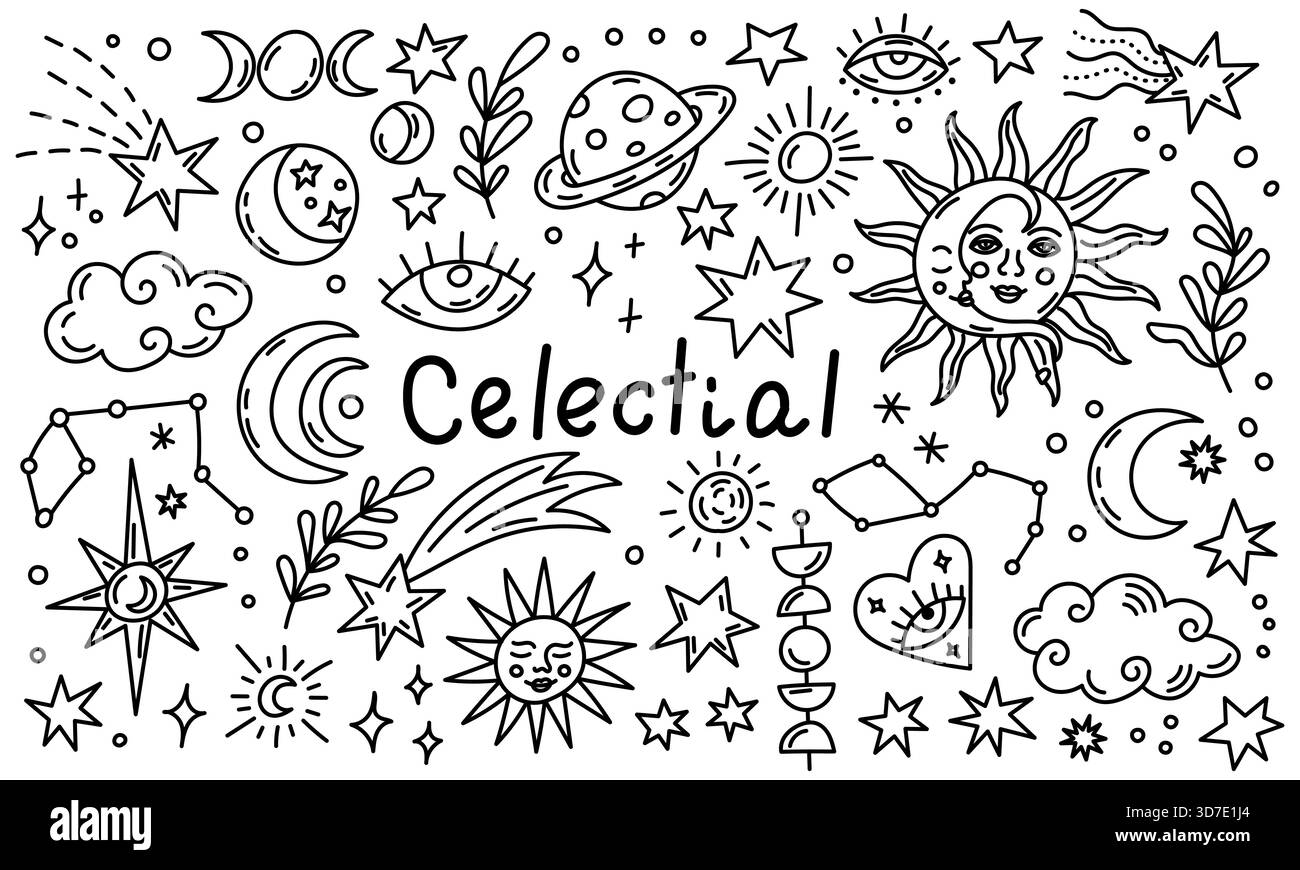 Stravagante set di doodle celesti con stelle, lune, sole, costellazioni, pianeti e simboli mistici in una divertente arte a linee nere disegnata a mano. Illustrazione Vettoriale
