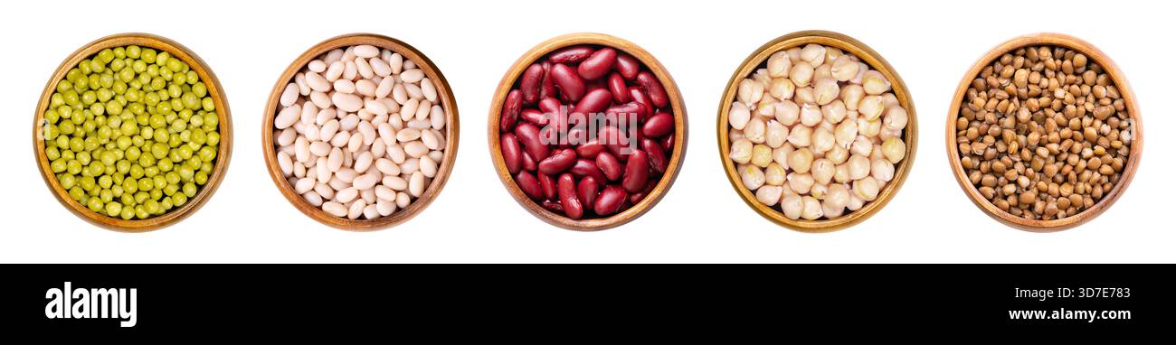 Legumi in scatola in ciotole di legno. Da sinistra a destra piselli verdi, fagioli bianchi, fagioli rossi, ceci e lenticchie brune, bollito e conservato. Foto Stock
