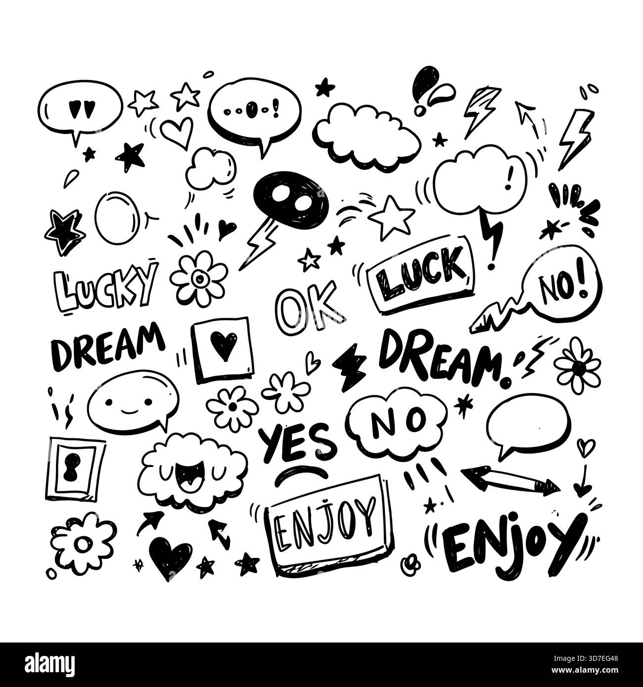 Un collage bizzarro con elementi disegnati a mano e parole motivazionali in stile bianco e nero Illustrazione Vettoriale