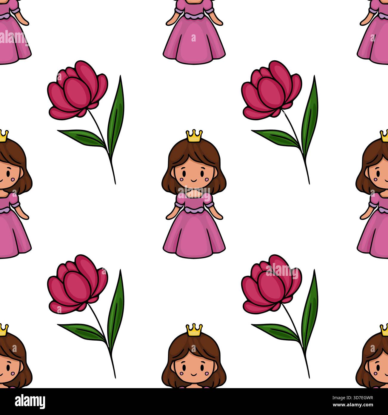 Motivo vettoriale senza cuciture con graziose principesse cartoni animati in abiti rosa e fiori magenta in fiore con steli verdi. Illustrazione Vettoriale