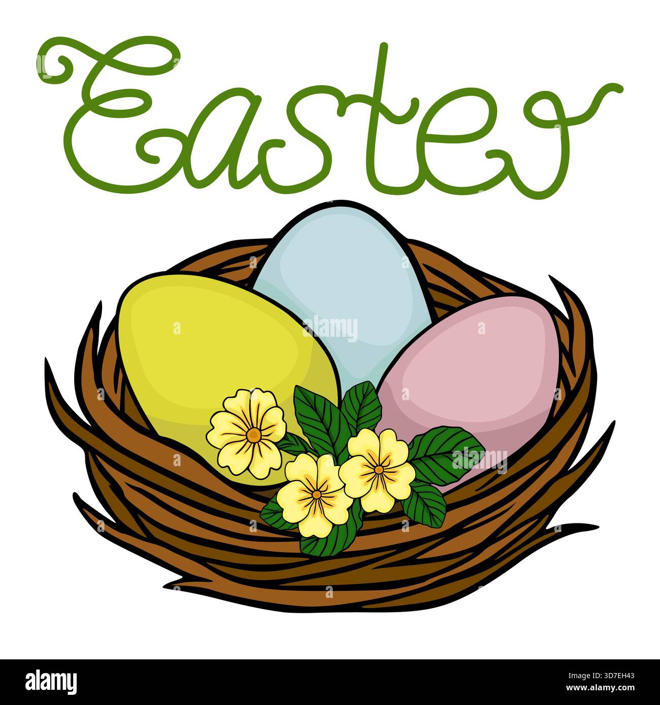 Immagine vettoriale festiva di un nido naturale pieno di uova pasquali pastello e delicate primrose gialle, adornato da un incantevole scr verde "pasquale" Illustrazione Vettoriale