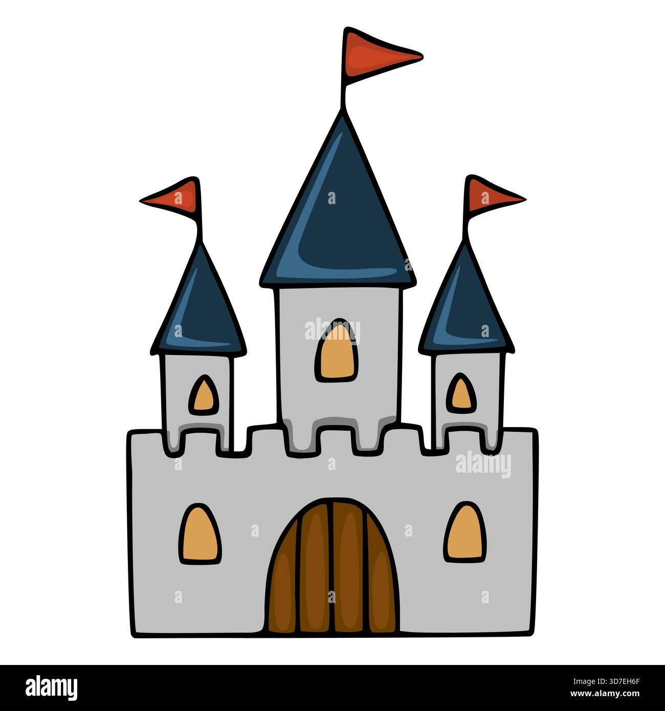 Un'affascinante illustrazione vettoriale semplificata di un castello fiabesco con tre torrette, ciascuna con bandiera rossa e tetto blu scuro, con archi Illustrazione Vettoriale