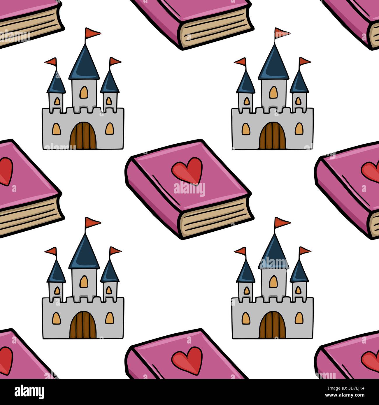 Stravagante motivo vettoriale con fiabe rosa con cuori rossi e castelli da fiaba con bandiere, ambientati su uno sfondo bianco e pulito. Illustrazione Vettoriale