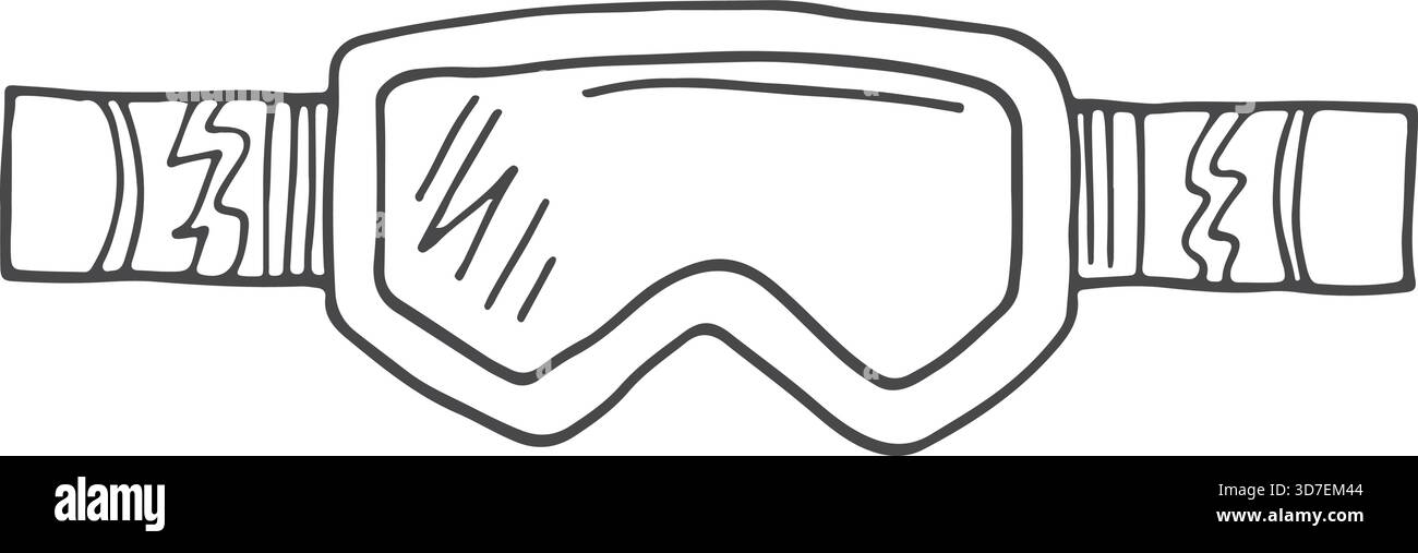 Un paio di occhiali con cinturino nero. Gli occhiali sono bianchi e hanno una fascia nera. Gli occhiali di protezione sono progettati per l'uso a basse temperature Illustrazione Vettoriale