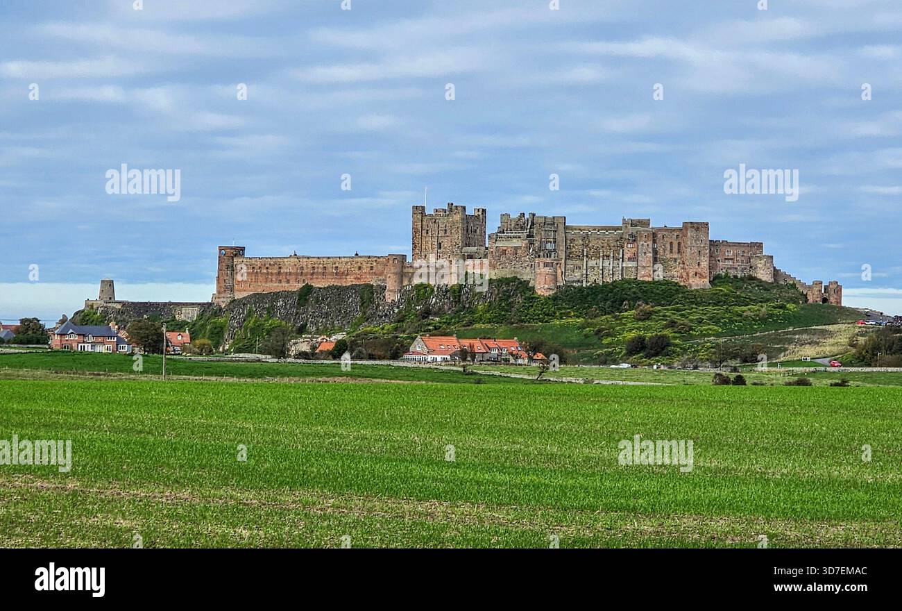 Castello di Bamburgh, Northumberland. Vista del castello normanno e delle case del villaggio da oltre i campi in autunno. Foto Stock