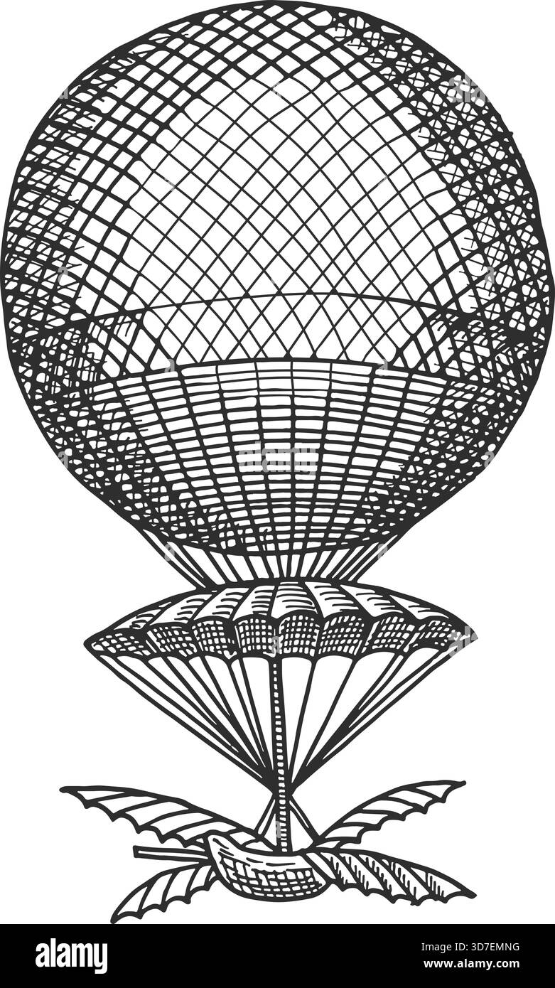 Un disegno in bianco e nero di una mongolfiera con un paracadute in cima. Il palloncino è circondato da una rete di corde, e il paracadute è attaccato t Illustrazione Vettoriale