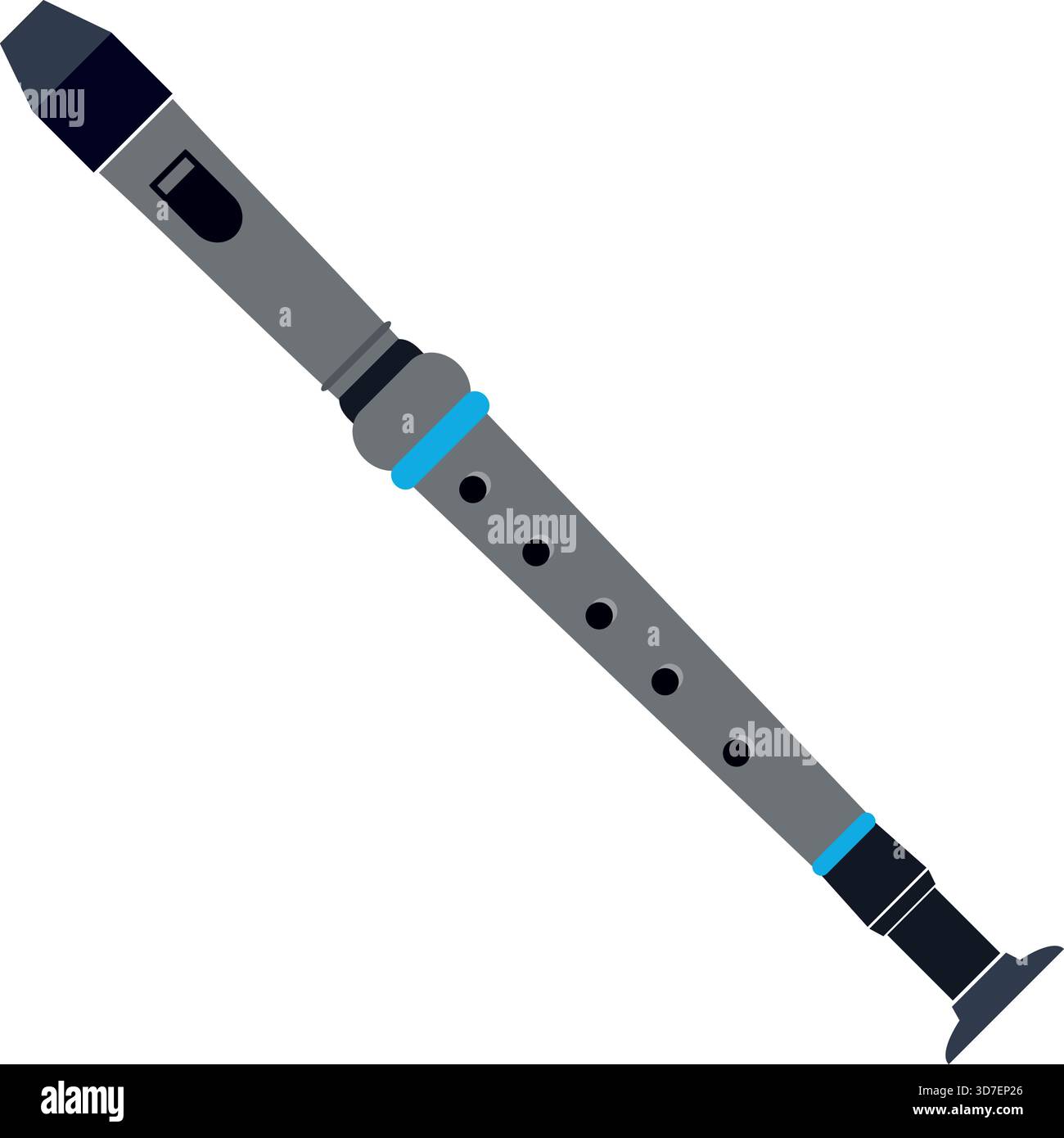 Uno strumento argento e blu con punta blu. È un flauto. Lo strumento è lungo e sottile Illustrazione Vettoriale